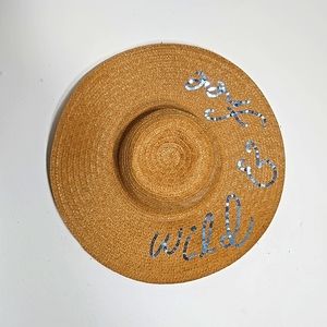 Rampage large floppy tan paper straw hat with blue sequins "wild & free"